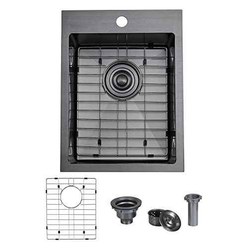 Image of SHACO 15x20 Inch Black Drop In Bar Sink, 15 Inch Top Mount RV Kitchen 16 Gauge Stainless Steel Sink for Small Kitchen Wet Bar Prep RV Yard Office Laundry with Dish Grid & Drain, Gunmetal Black