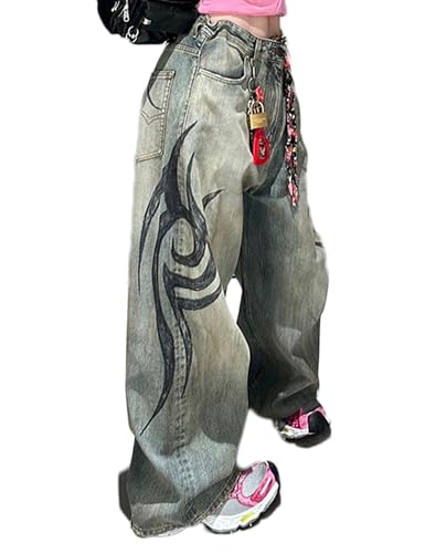 Unisex Baggy Jeans Totem Print Grunge Pants Y2k Gothic Jeans Hip Hop Oversized Denim Pants Vintage Graphic Streetwear