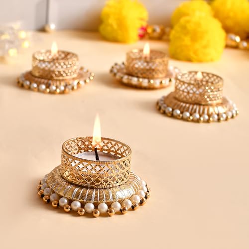 Ascension Set of 4 Peacock Designer Tealight Candle Holders for Side or Center Table Dining Room Christmas Lighting Home Decoration Diwali Gifts Navratri Dussehra Diya for Home Decoration (Design 4)