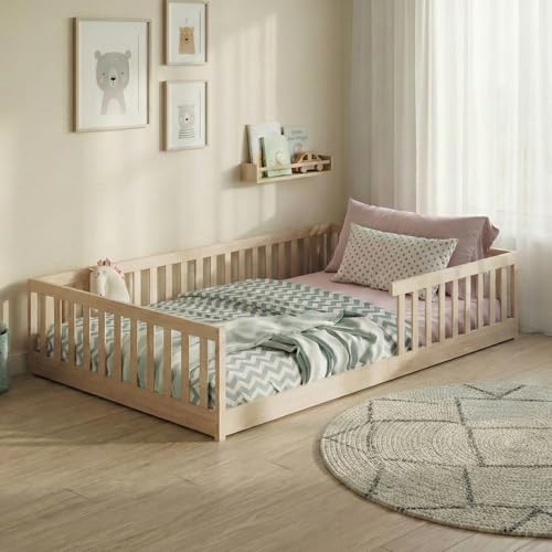 Kids Collective Kinderbett Bodenbett 140x200 cm mit Rausfallschutz & Lattenrost Montessori Bett Bed Gitterbett Kinder Jugendbett Einzelbett | Natur weitere Größen | 90x200 | 120x200 cm