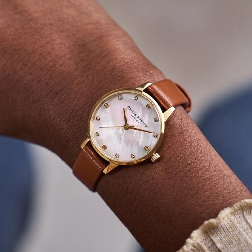 Image of Olivia Burton Classics Qtz Basic Slim White Mother of Pearl & Stone Round Dial Women's Watch|Honey Tan Leather Material|Grey Color Band - OB16SE23