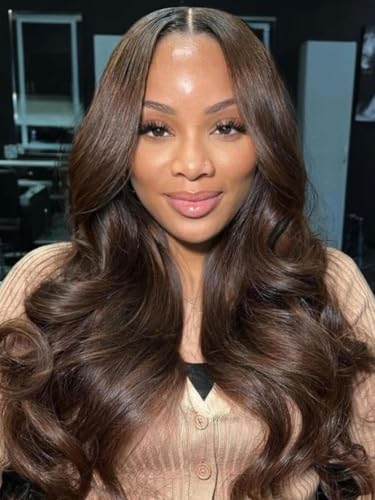 Image of Beauty Forever Pre Everything Glueless Front Espresso Brown With Highlights Body Wave Glueless Wigs Human Hair Pre Plucked Pre Cut 13x4 Loose Wave Bye Bye Knots Ready to Wear Wig 150% Density 20inch