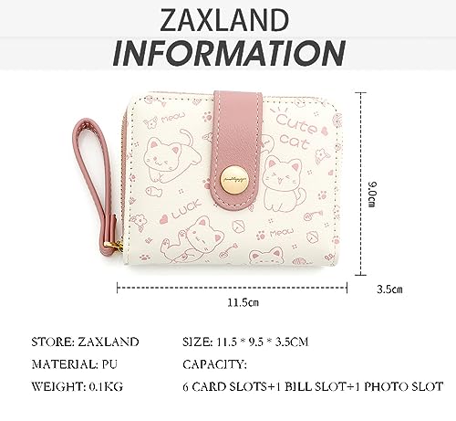 Kawaii Cat Wallet for Women Girls Cute Cartoon Cat Zipper Around Coin Purse Card Holder with Buckle ID Card Slots (Pink)3
