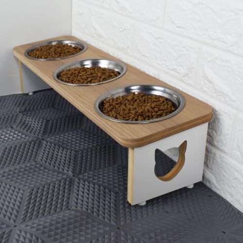 Comedouro Elevado Triplo Gato Pet MDF Linha Basica (Amadeirado)