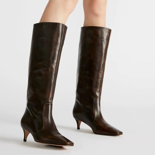 Knee High Boots Women Square Toe Kitten Heel Boots Wide Calf Pull on Leather Tall Boot Comfort Party Dressy Wedding Sexy2