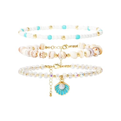 Image of RISHEGAE Shell Anklet Bracelets for Women 14K Gold Plating Boho Bead Anklet Adjustable Womens Anklets Stretch Summer Beach Shell Drawstring Starfish Daisy Anklets Accessories Jewelry Gifts