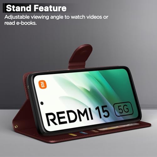 Image of Pikkme Flip Cover for Redmi 15 5G Leather Finish | Inside TPU with Card Pockets | Wallet Stand and Shock Proof | Complete Protection Flip Case(Brown)