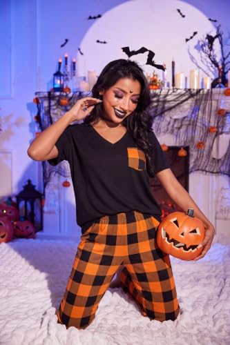 Image of Ekouaer Pajama Sets for Women 2 Piece Short Sleeve Pj V Neck Chest Pocket | Ladies Pajama Sets with Printed Long Pants, Soft Matching Pj Sleepwear, Casual Loose Fall Loungewear, S-XXL