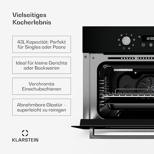 Klarstein SpaceSmart Einbaubackofen - 41 L, 8 Funktionen, Dampfreinigung, Doppelt Verglaste Tür, Digitaler Timer, Energieklasse A, Einbau-Backofen Ohne Kochfeld, Kompaktes Design
