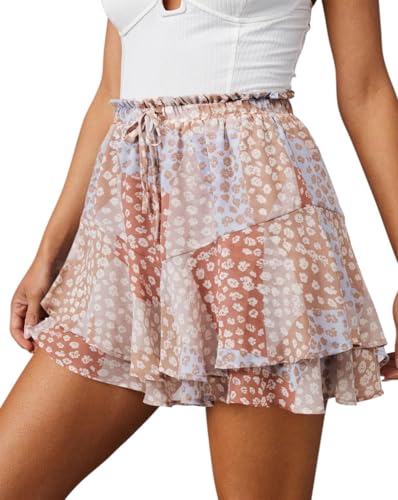 Oyamiki Skirt Shorts for Women Boho Layered Ruffle Skort Summer Floaty Mini Chiffon Short Gypsy Skirts Yellow Orange Floral M