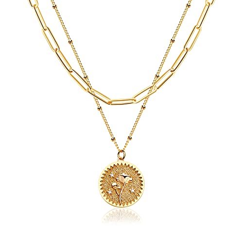 Valloey Rover Gold Layered Coin Necklace for Women Birth Flower Necklace 14K Gold Plated Dainty Carved Floral Pendant Necklace Personalized Engrave Double Layered Month Necklace for Birthday Jewelry