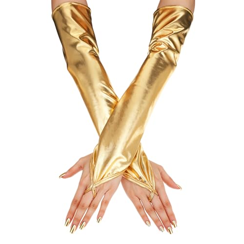 Long Fingerless Gloves, Shiny Gold Gloves Long Elastic Glove Metalic Satin Glovess Opera Elbow Length Glovess Party Rave Costume Glove for Women and Girl
