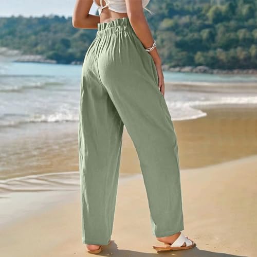 Womens Linen Pants Summer High Waisted Work Pants Trousers Lightweight Paperbag Elastic Waist Pants with Pockets3
