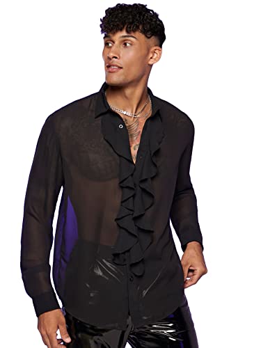 Verdusa Men's Long Sleeve Sheer Mesh Ruffle Trim Button Down Shirt Top