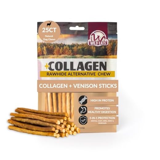 Wild Eats Venison Collagen Sticks for Dogs (25 Pack, 0.6 cm Wide) Long Lasting Dog Chews No Hide Dog Treat Bully Stick Alternative, Rawhide Free, Grain Free, High Protein