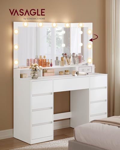 Image of VASAGLE Kailyn Collection - Vanity Desk with Tri-Fold Mirror, Makeup Table with 11 Bulbs, Power Outlets, 9 Drawers, 3 Colors, Tool-Free Drawer Slides Assembly, Cloud White URDT146WB03S