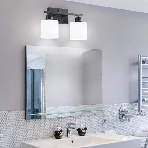 Image of Bath Vanity Lights for Mirror, Restroom Lights Fixtures with Milky White Frosted Glass Shades,Bathroom Over Sink Light Fixtures (Black & Milky White Glass, 2-Light)