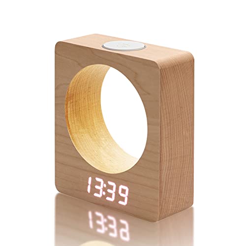 HAPPMY Wecker Digital & Nachtlicht 2 in 1, Digital Uhr mit Licht und Thermometer,Einstellbarer Dimmer Stille Alarm Clock, Holz Digitaluhr für Kinder