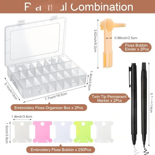 Image of GlikCeil 250 Pcs Set Embroidery Floss Bobbins Kit with Organizer Boxes, Bobbin Winder, Markers - Cross Stitch Thread Storage Set with Hard Plastic Bobbins in 5 Colors for Craft DIY Sewing Supplies