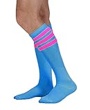 Colored Knee High Tube Socks with Colored Stripes (Neon Blue with Pink Stripes)