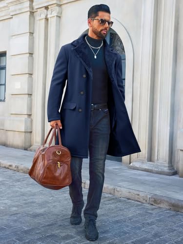 Image of Runcati Mens Trench Coat Double Breasted Notched Collar Fleece Jacket Slim Fit Fall Winter Fuzzy Pea Coats Warm Overcoat