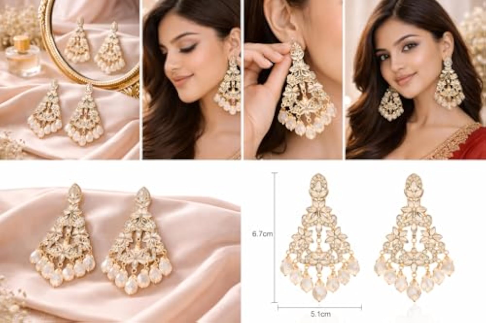 Floral Pearl Drop Chandbali Earrings for Women, Gold Plated Statement