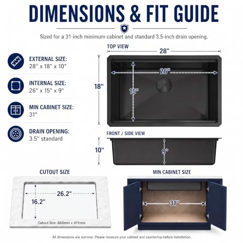 Image of LQS 28 Inch Black Undermount Kitchen Sink, Stainless Steel Workstation Sink