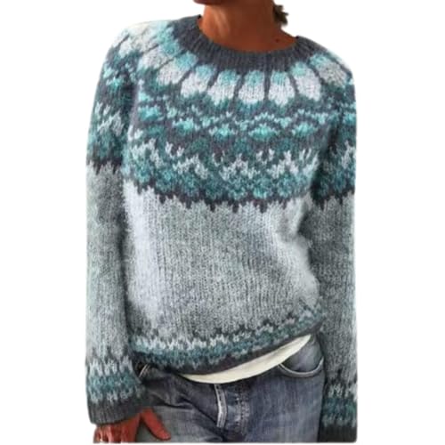 Fair Isle Sweaters for Women Vintage Knitted Ice Landic Cute Sweatshirts Boho Print Argyle Winter Fall Casual Long Sleeve 2025 Crew Neck Cashmere Cozy Nordic Colorful Argyle Tops Navy Large