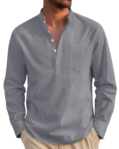 Image of J.VER Linen Shirts Men Long Sleeve Regular Fit Casual Beach Summer Henley Shirt for Men with Pocket Dark Grey XL