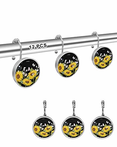 Decorative Shower Curtain Hooks 12Pcs Sunflower Butterfly Park Black Crystal Glass Design Shower Curtain Rings Stainless Steel Rustproof Shower Curtain Hangers For Bathroom Toilet Closet #TOP1
