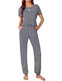 Ekouaer Womens Pajama Sets Short Sleeve Lounge Sets for Women Printed Jogger Pajama Set 2 Piece Pj Sets Navy Blue Dot M
