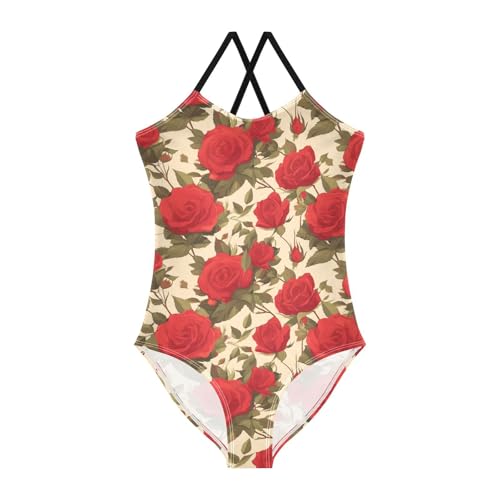 KLL Floral Pattern Red Roses Girls 1 Piece Bathing Suit Summer Swimwear Adjustable Strap Quick-Dry