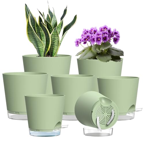 WSMKSZ 7 Pack Self Watering Plant Pots Indoor Plastic Flower Pots with Clear Reservoir Visible Water Level & Drainage Holes 20/17.6/16.3/15/13.8/12.7/10.2 cm Planter Pots with Cotton Wick Green