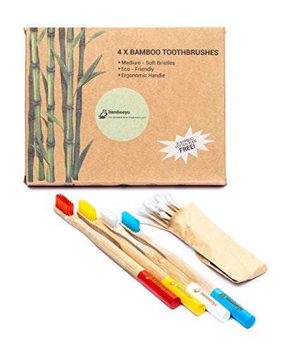 Organic Bamboo Toothbrushes | Vegan | Family Pack of 4 | Free Bamboo Cotton Buds | Eco Friendly Toothbrush | 100% Biodegradable Handle | Medium Soft | BPA Free Coloured Bristles | by Bambooyu