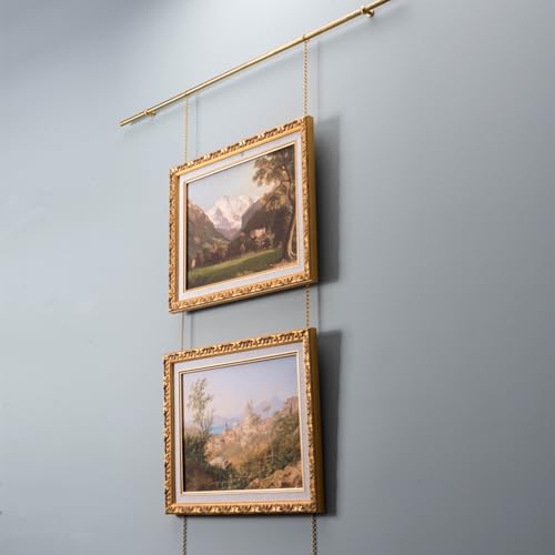 Image of UrbanUp Picture Rail Hanging System Brass Chain with Hooks & D - Rings, 3.3ft Long Gold Chain for Picture Hanging Rail, Picture Hanging Hardware Adjustable(10pcs)