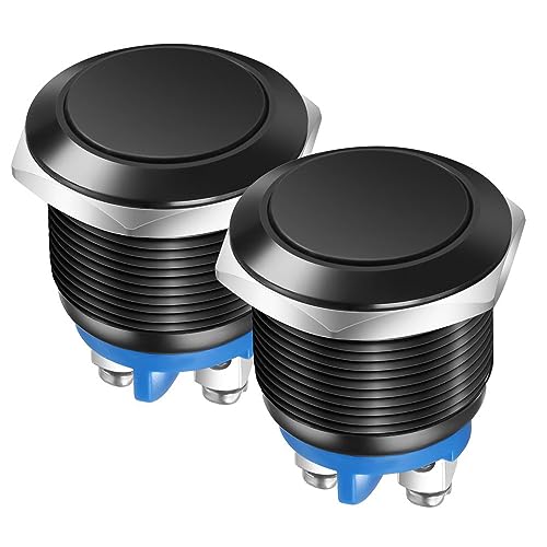 Gebildet 2pcs 22MM Interruptor de Botón Momentáneo IP65 Carcasa de Aleación de Aluminio Resistente al Agua 3A/12V 24V 36 DC 110V 250VAC 1NO Terminal de Tornillo SPST (Carcasa Negra)