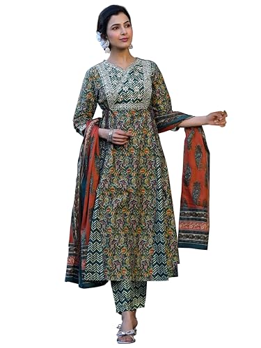 Image of MIRCHI FASHION Women Cotton Printed and Embellished Jaipuri Kurti Set with Pant with Dupatta