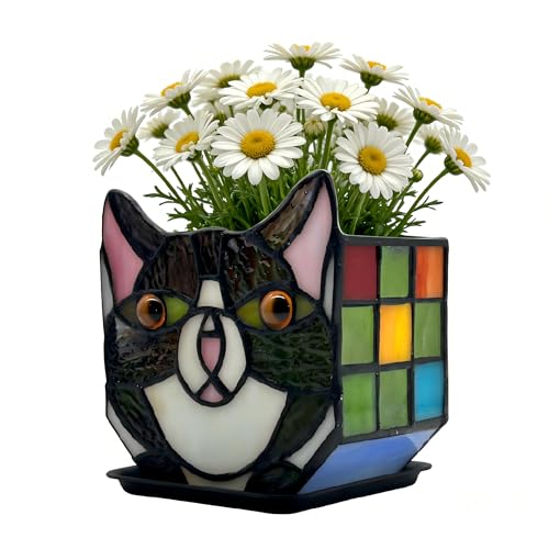 Entlityful Tiffany Cute Cat Stained Glass Flower Pots,Indoor and Outdoor Plant Displays,Black Cat Plant Planter,Candle Holder Container Decoration 4.6 x 5.15 x 3 inch(Without Succulents)