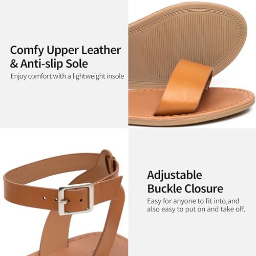 Image of Trary Women's Dressy Summer Leather Flat Ankle Strap Gladiator Open Toe One Band Two Tone Adjustable Metal Buckle Comfortable Wedding Sandals
