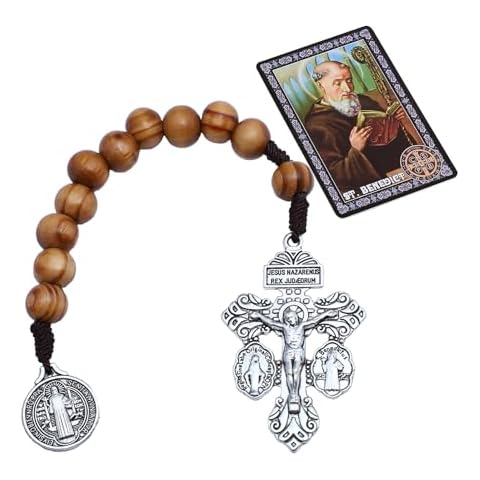 One Decade Pocket Rosary with St Benedict Medals,Wooden Small Rosary Beads for Men Catholic Gift,Medalla De San Benito Rosarios Catolicos Para Hombre,Pardon Crucifix La Cruz Del Perdon Catolica Cover
