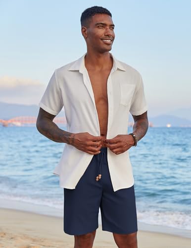 Image of COOFANDY Mens Casual Linen Shorts Elastic Waist Drawstring Loose Fit Summer Beach Vacation Shorts with Pockets