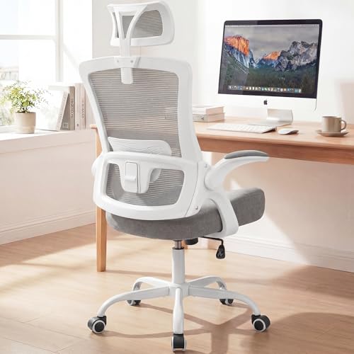 NEO CHAIR Office Chair High Back Desk Mesh Chair Comfy Computer Gaming Seat with Adjustable Ergonomic Headrest Lumbar Rolling Flip-up Armrests and Wheels (Grey)