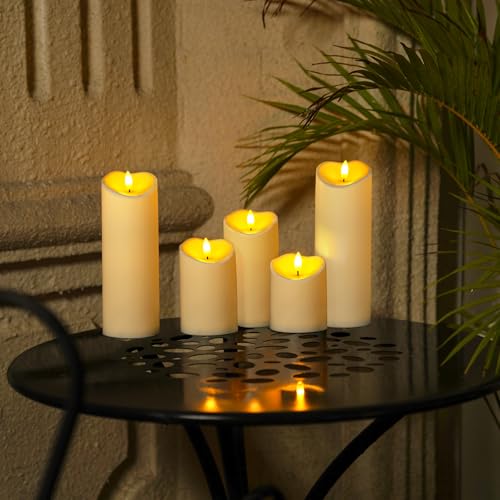 Image of Homemory Outdoor Waterproof Flameless Candles, LED Candles, Battery Operated Candles with Remote and Timers, Electric Fake Plastic Pillar Candles, Dark Ivory, D3 H4 5 inch 6 inch 8 inch 8 inch, Set of 5