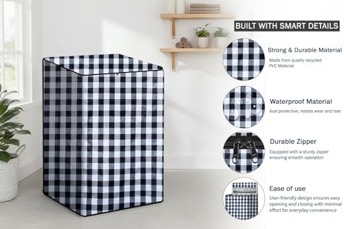 Image of Stylista PVC Washing Machine Cover Compatible for Whirlpool 7.5 KG Fully-Automatic Top Load Stainwash Deep Clean, Gingham Pattern Black & White