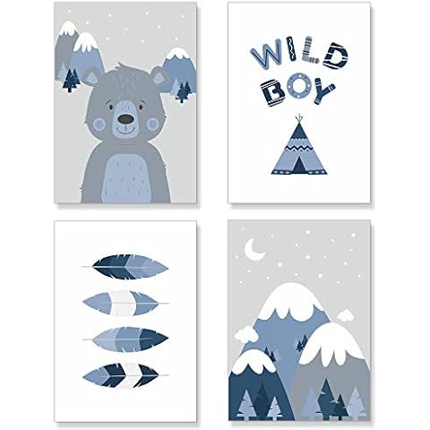 PREMYO Wall Art Prints Nursery Decor - Baby Room Decoration Boy - Kids Poster Set Tipi Tent Feathers Blue Picture A4 Cover