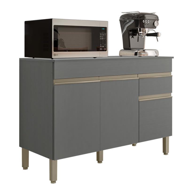 ACTUAL DIFFUSION Buffet Bas 3 Portes 1 Tiroir Gris 5 Niches L 120 H 86 P 53.3 cm Modèle Line pour Cuisine et Séjour