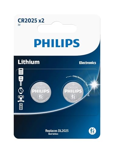 Immagine prodotto: Philips Batterie a Bottone CR2025-2 Pezzi - Batteria a Bottone 3V/150 mAh - Adatte per Orologi, Calcolatrici e Portachiavi - Batteria al Litio