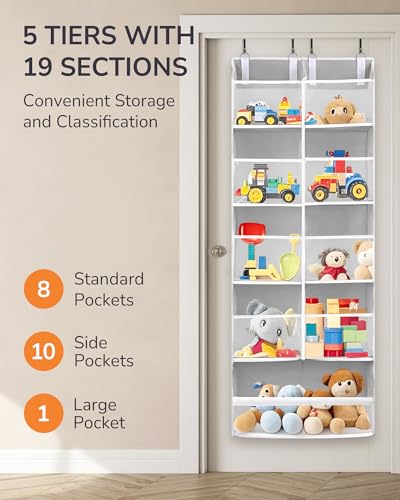 Image of ULG Over the Door Organizer, 5-Tier Extra Large Hanging Storage with 10 Mesh Pockets, 100 lbs Capacity, Heavy Duty Door Organizer for Closet, Bedroom, Nursery Light Grey