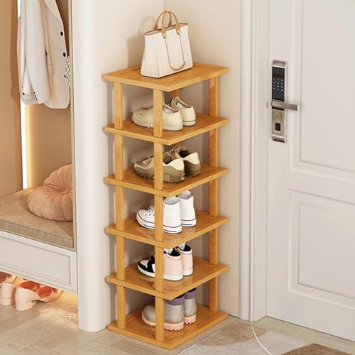 HshDUti Zapatero vertical de 6 niveles, zapatero estrecho de bambú, estante esquinero para ahorrar espacio, torre de zapatos alta, de pie para entrada, montaje sin herramientas, color amarillo