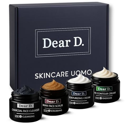 Dear D Box Kit Skincare Per Il Viso Superior | 4 Step Routine Completa Con Face Wash, Scrub Viso, Crema Idratante, Crema Contorno Occhi | Set creme uomo Made In Italy